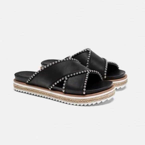 Zara Shoes - Zara Studded Leather Espadrille Slides